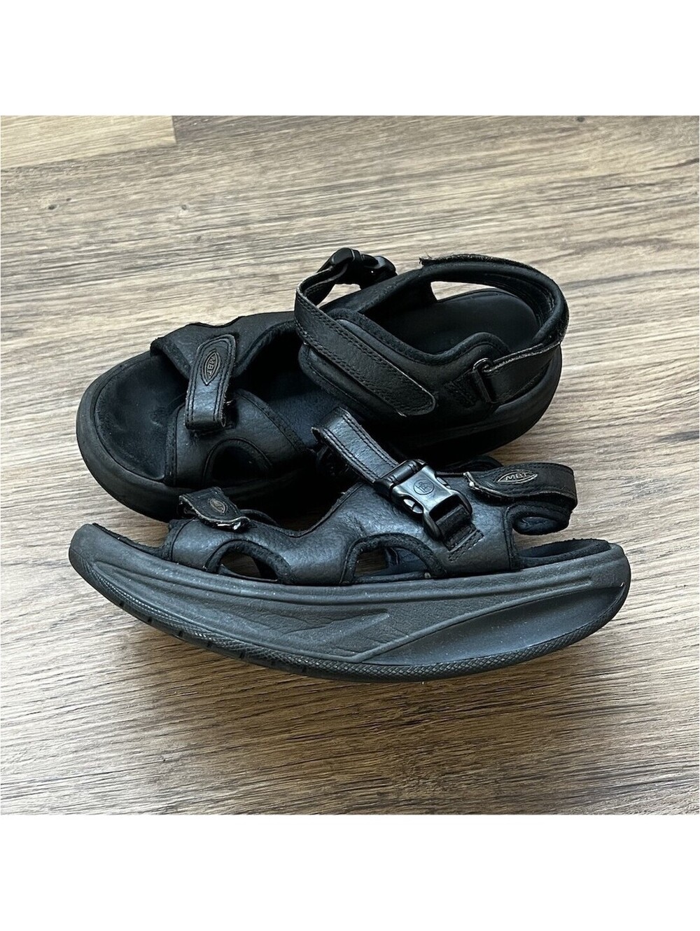MBT Kisumu Black Leather Rocker Bottom Walking Sandals Comfort Strap Men / Women
